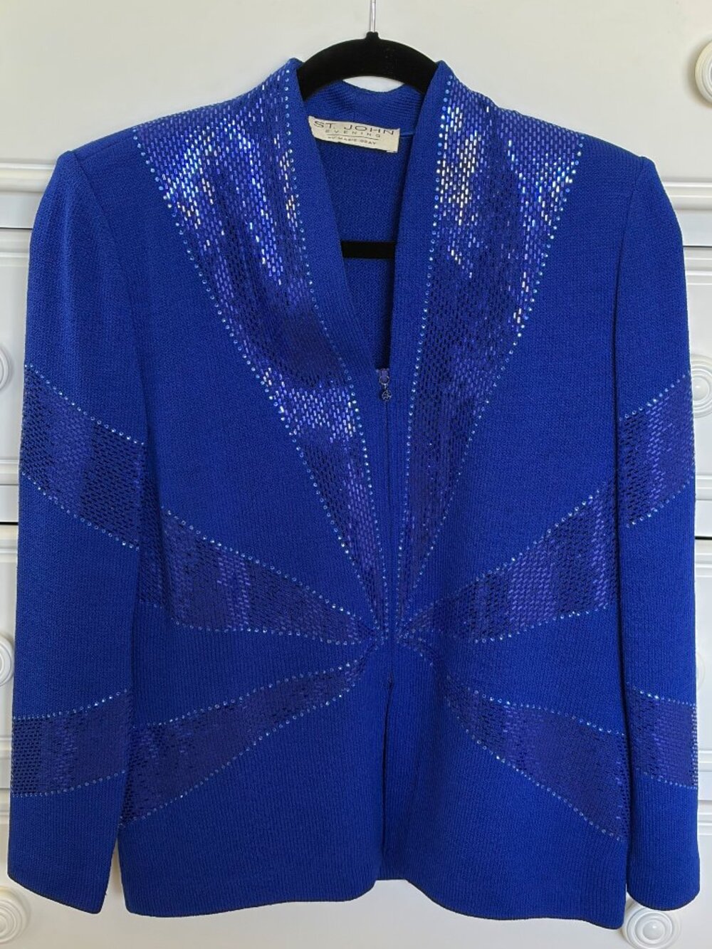 **St. John Evening by Marie Gray Blue Paillette Embellished Knit Jacket – Size 6